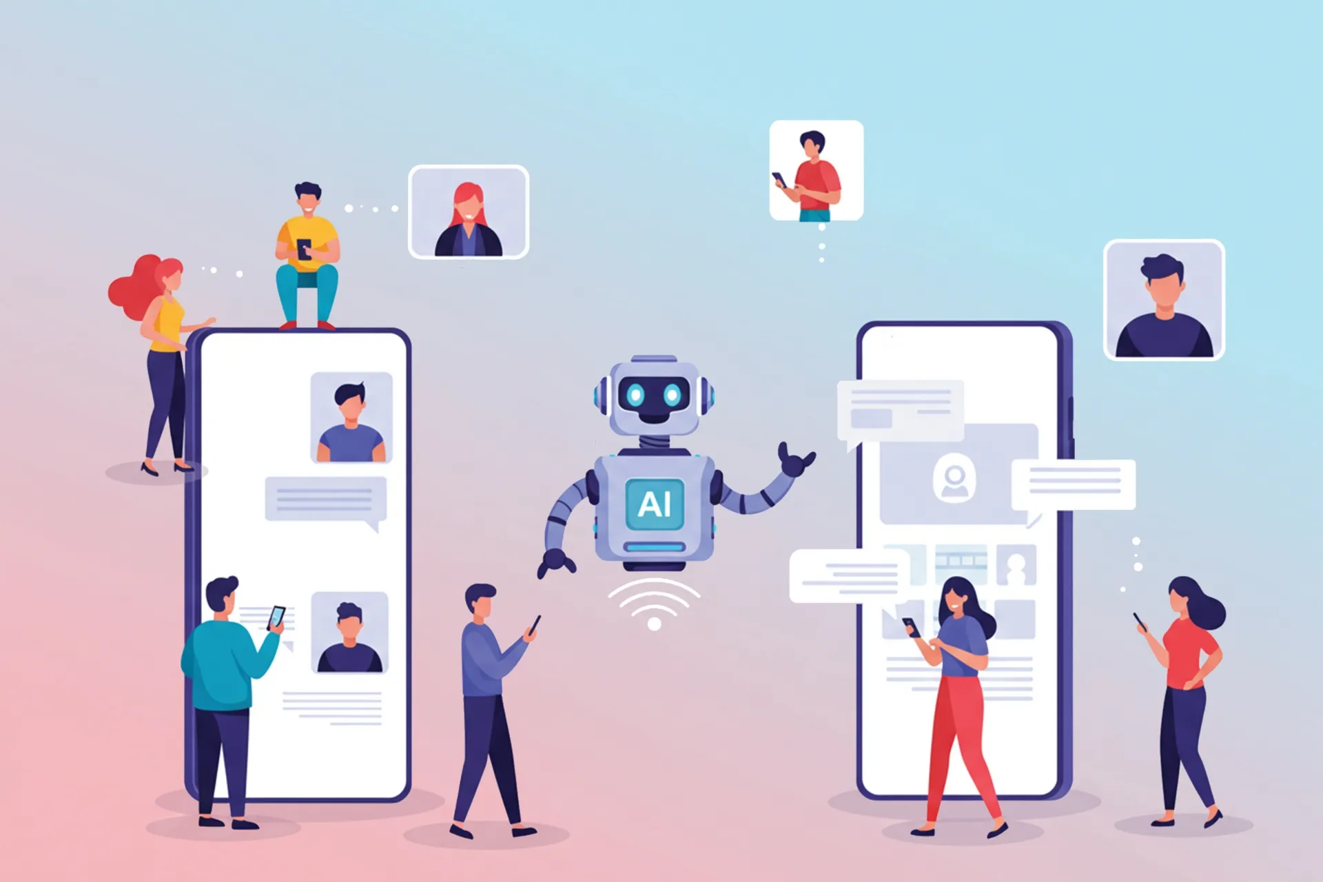 Version2-AI-tools-social-media-1 Illustration of AI chatbot interacting with users through smartphones in digital communication interface
