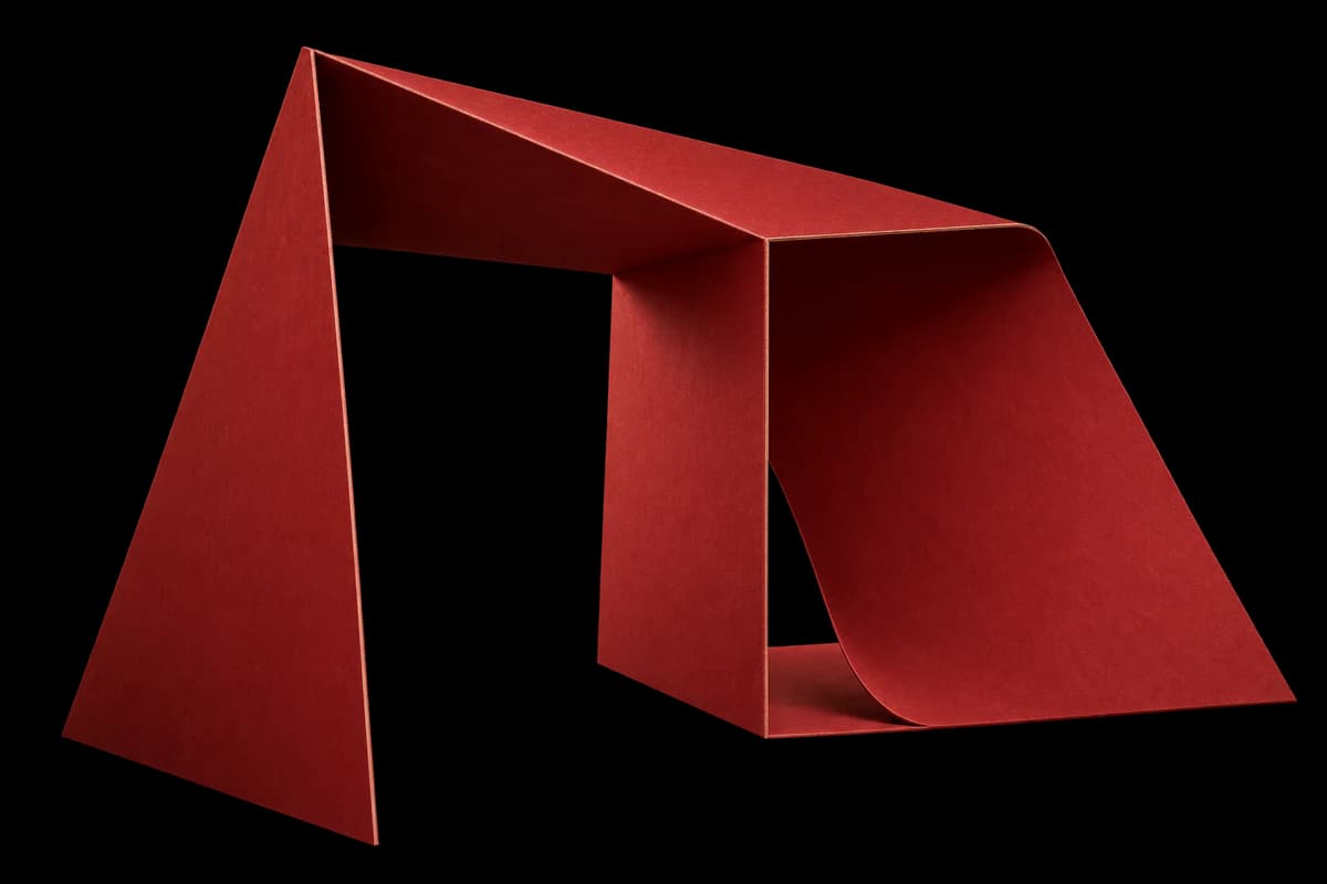 An original sculptural study in deep red, formed from one folded sheet with an open passage.