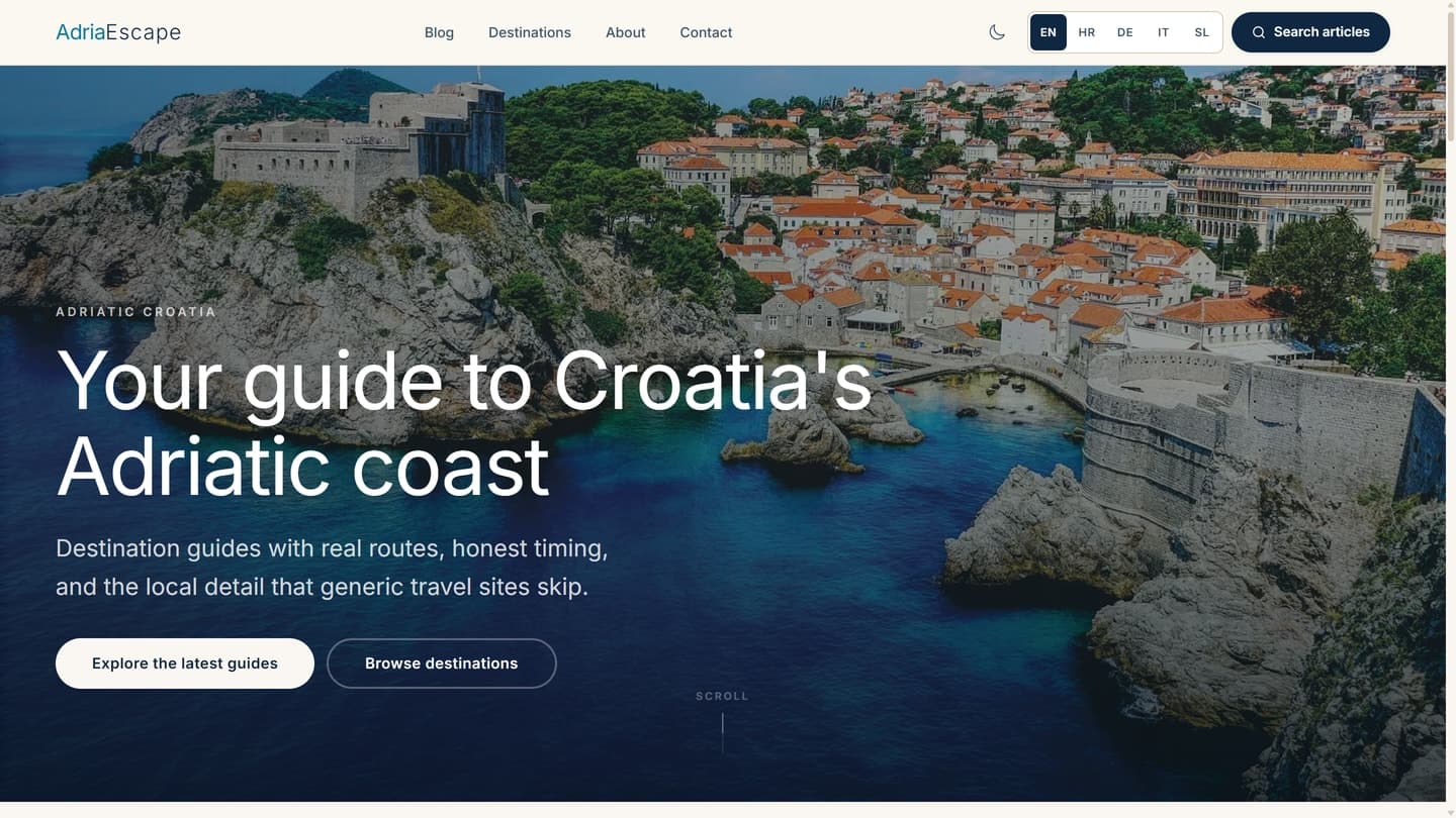 Adria Escape’s travel publication, with a coastal photograph and destination navigation.