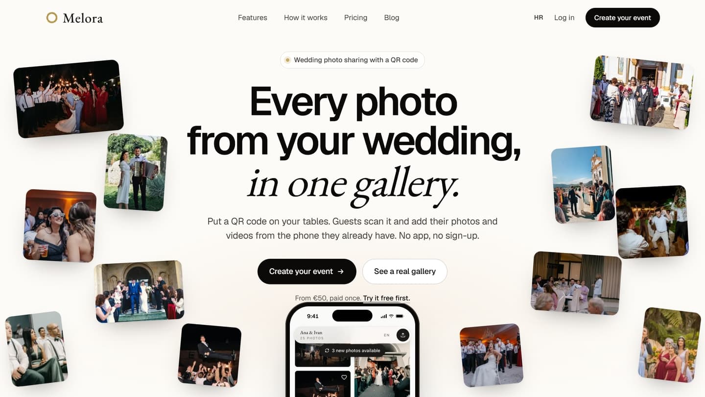 Melora’s homepage explains wedding photo sharing between photographs from the celebration.