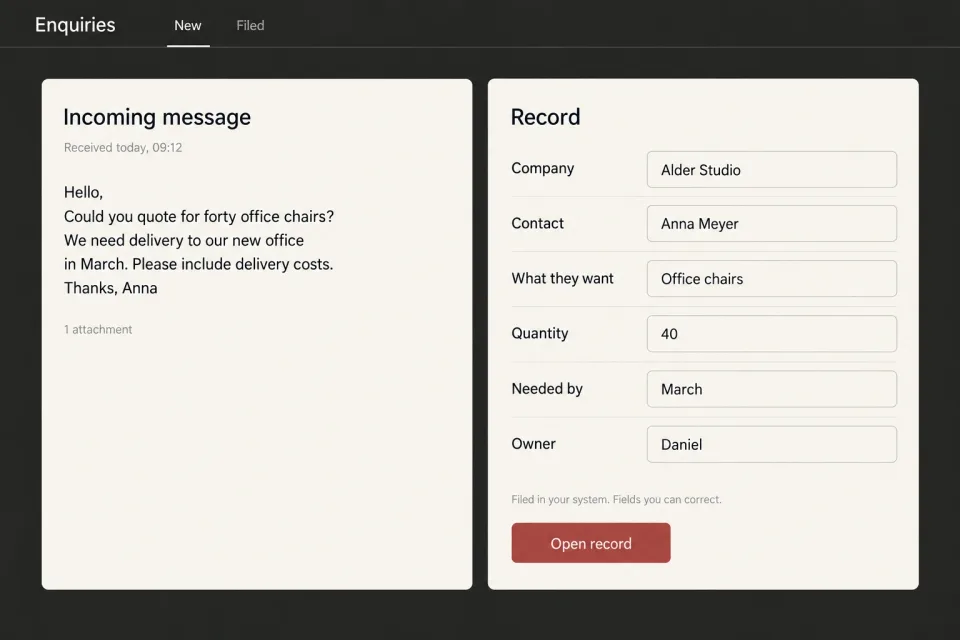 An incoming message beside the record made from it, with six fields filled and a button to open the record.