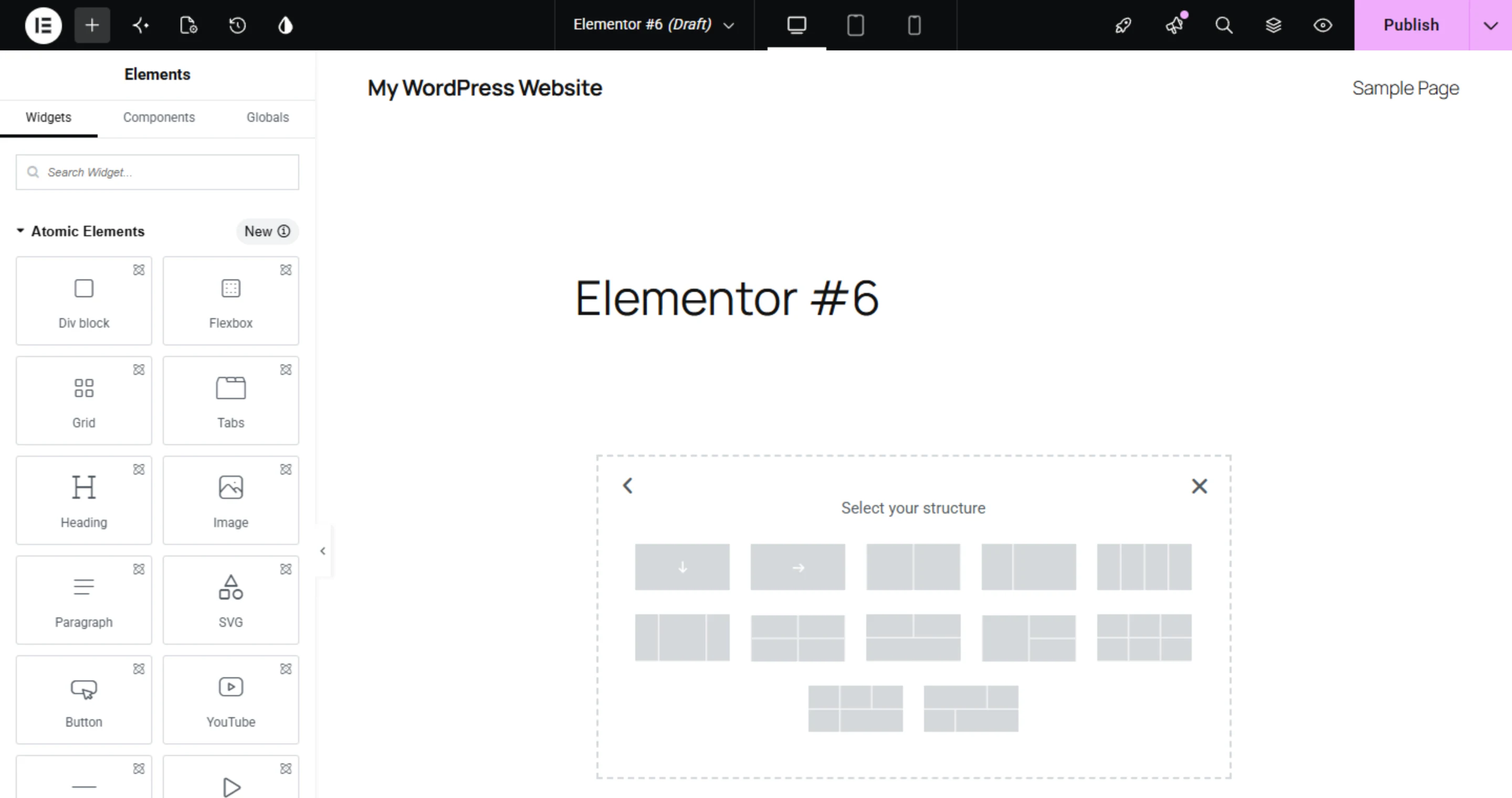 Elementor editor with its widget panel on the left and the Flexbox container structure choices inside the page preview.