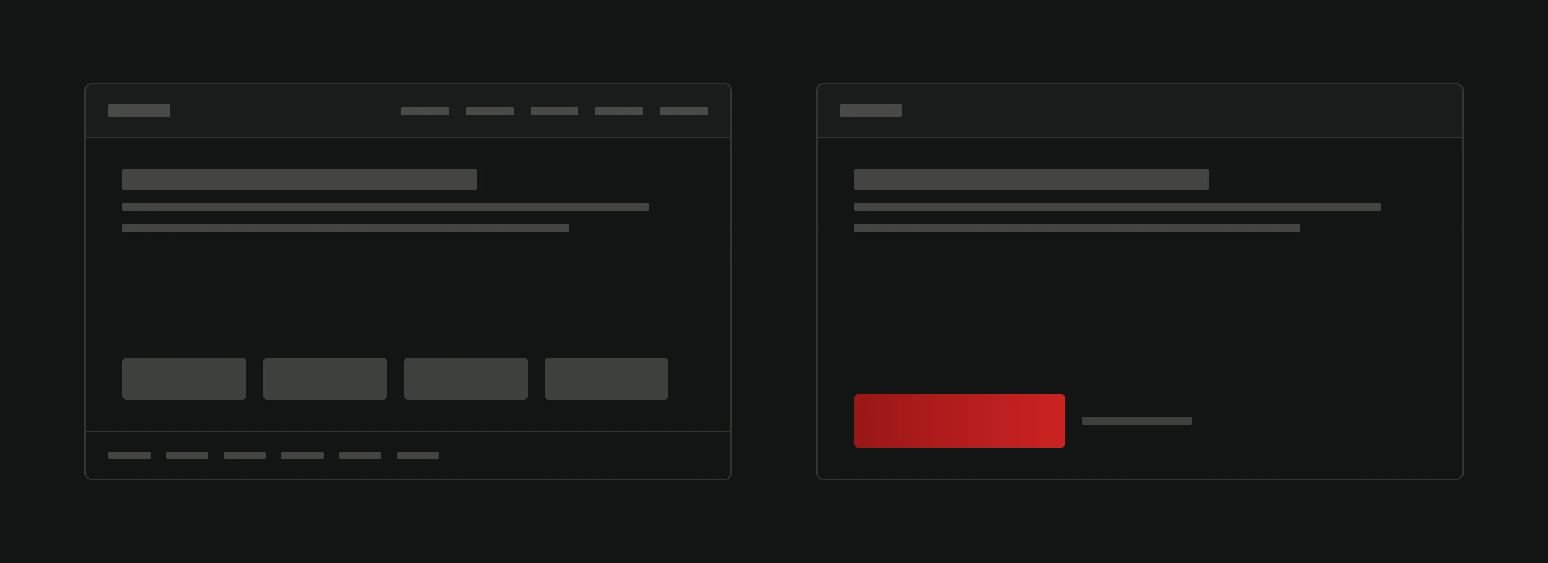 Two wireframes of the same page. The left one has a five item navigation, four buttons of identical size and fill, and a footer of six links. The right one has no navigation links, no footer, one large crimson button and one small quiet link beside it.