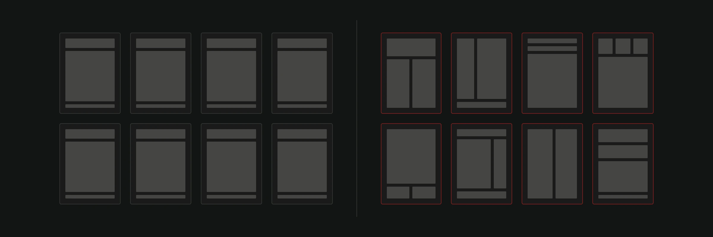 Sechzehn Seiten-Thumbnails in zwei Gruppen zu je acht. Links wiederholt jedes Thumbnail dieselbe Wireframe-Anordnung. Rechts, rot umrandet, hat jedes der acht Thumbnails eine andere Anordnung der Blöcke.