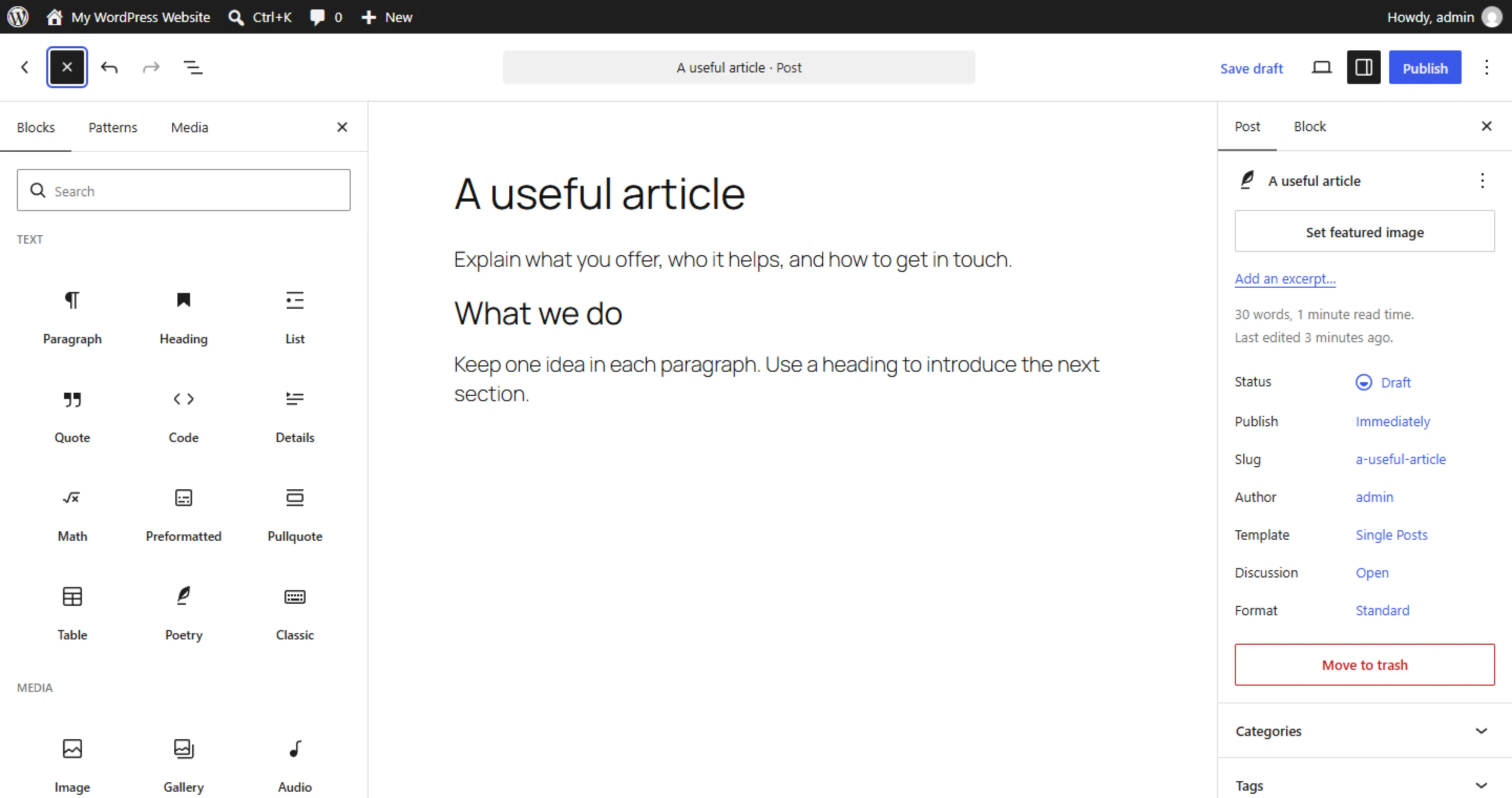 WordPress block editor with paragraph, heading and image blocks on the left, a demonstration article in the centre and publishing settings on the right.