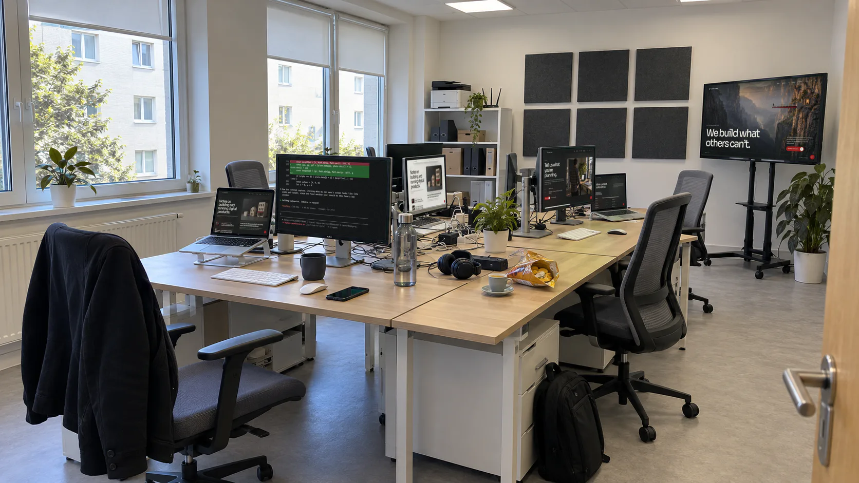 The studio on a weekday afternoon, seen from the door while everyone is out at lunch: desks pushed together with laptops and monitors showing our website and a terminal, mesh chairs, a jacket over one chair, felt panels on the wall and a TV on a stand by the windows.