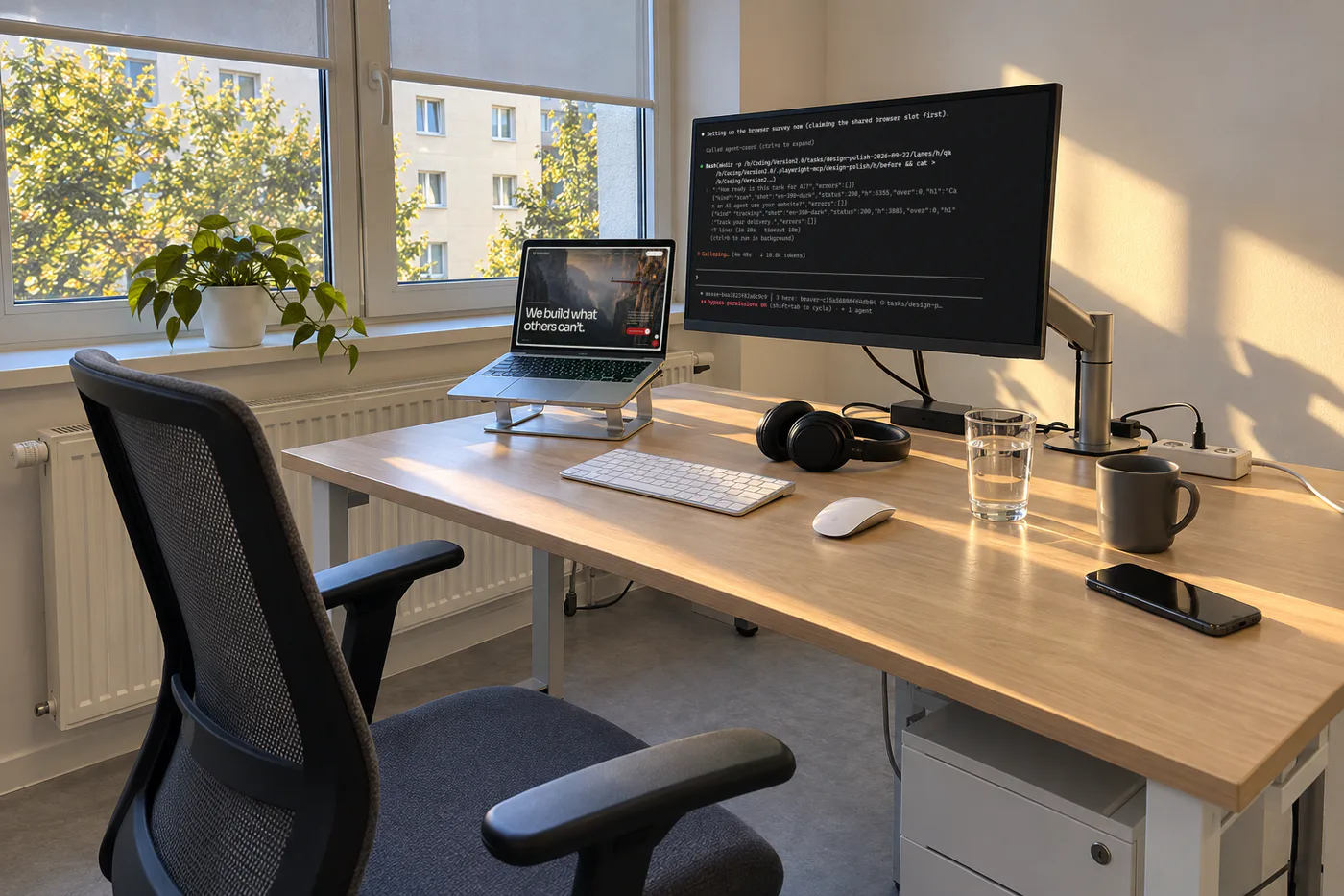 One workplace by the window in the late afternoon sun: a monitor showing an AI agent session in a terminal, a laptop showing our homepage, headphones and a glass of water on the desk, the chair pushed back.