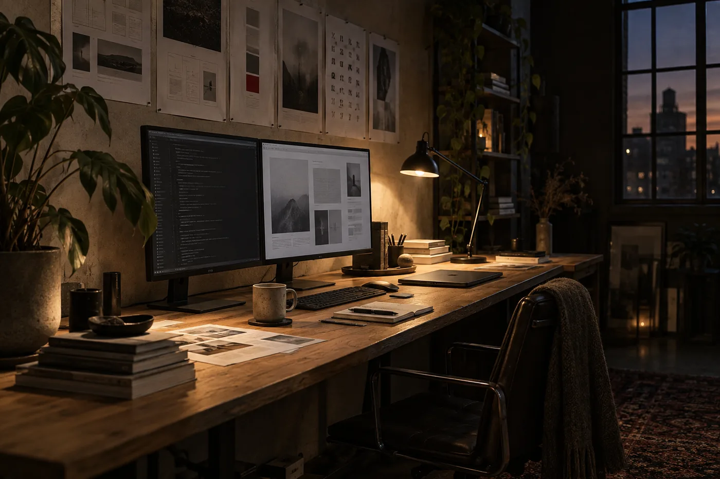 The studio at dusk: a long oak worktop under a wall of pinned prints, two monitors showing a code editor and a page layout, a desk lamp lighting the timber.