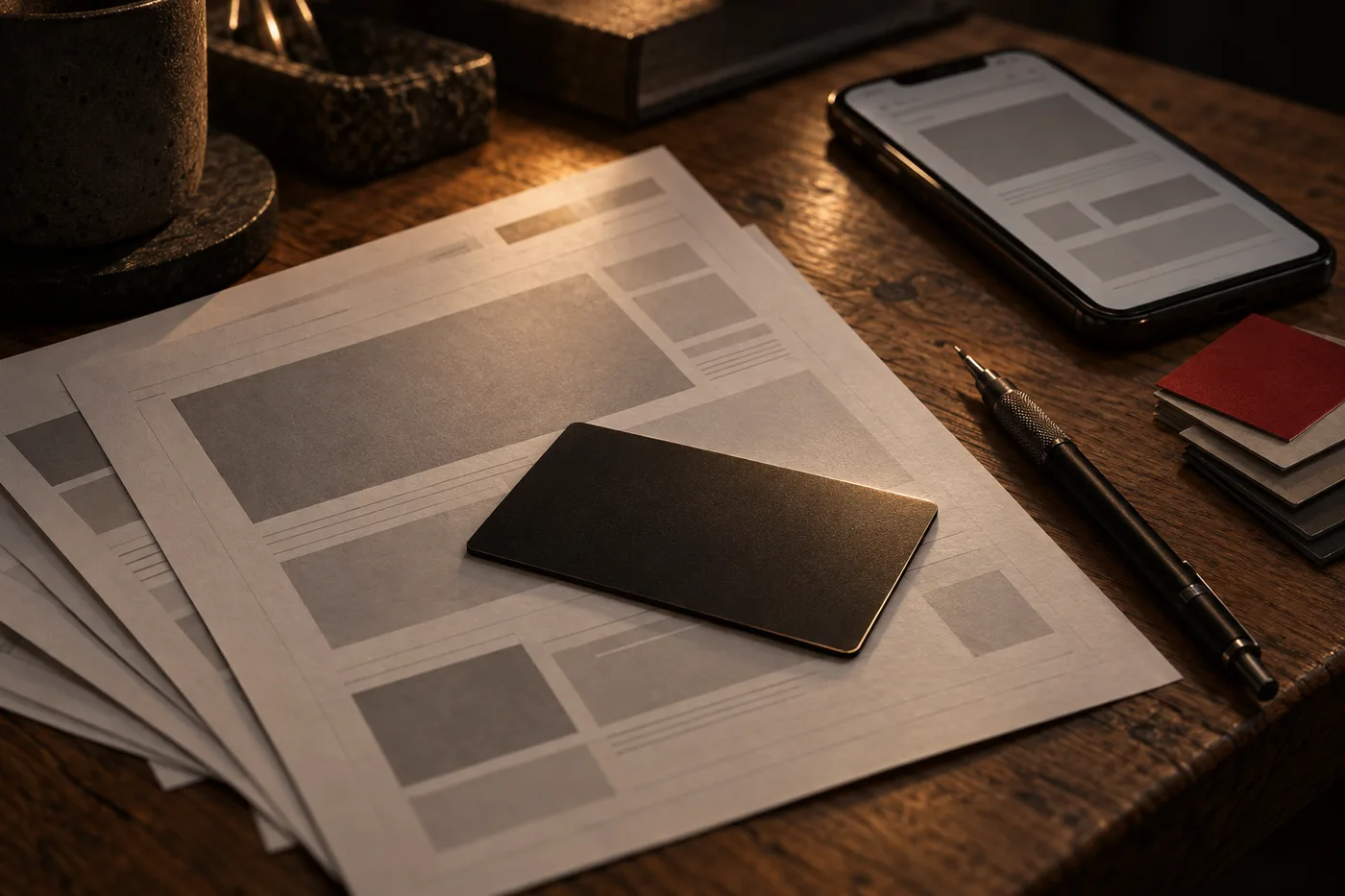 Printed proofs of a page layout fanned across an oak desk, a matte black NFC card resting on the top sheet, a phone beside them showing the same layout.