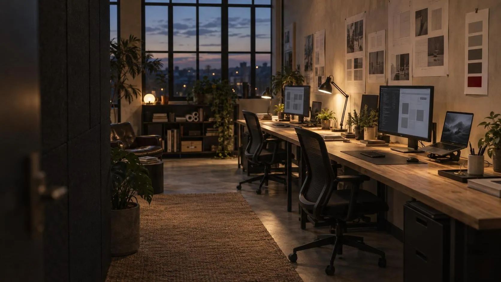 The studio at dusk, seen from its door: a long oak worktop with monitors and lamps along a plaster wall of pinned prints, fabric task chairs, plants and tall windows at the far end.