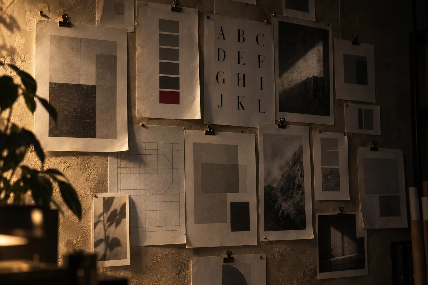 A studio wall of pinned work: A3 sheets of page layouts, a sheet of letterforms, a column of colour swatches with one crimson, held by bulldog clips in warm lamp light.