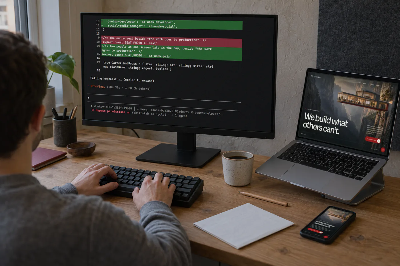 Over a developer’s shoulder in the studio, an AI agent’s session in a terminal on the monitor, and our homepage on the laptop and on a phone lying on the desk.
