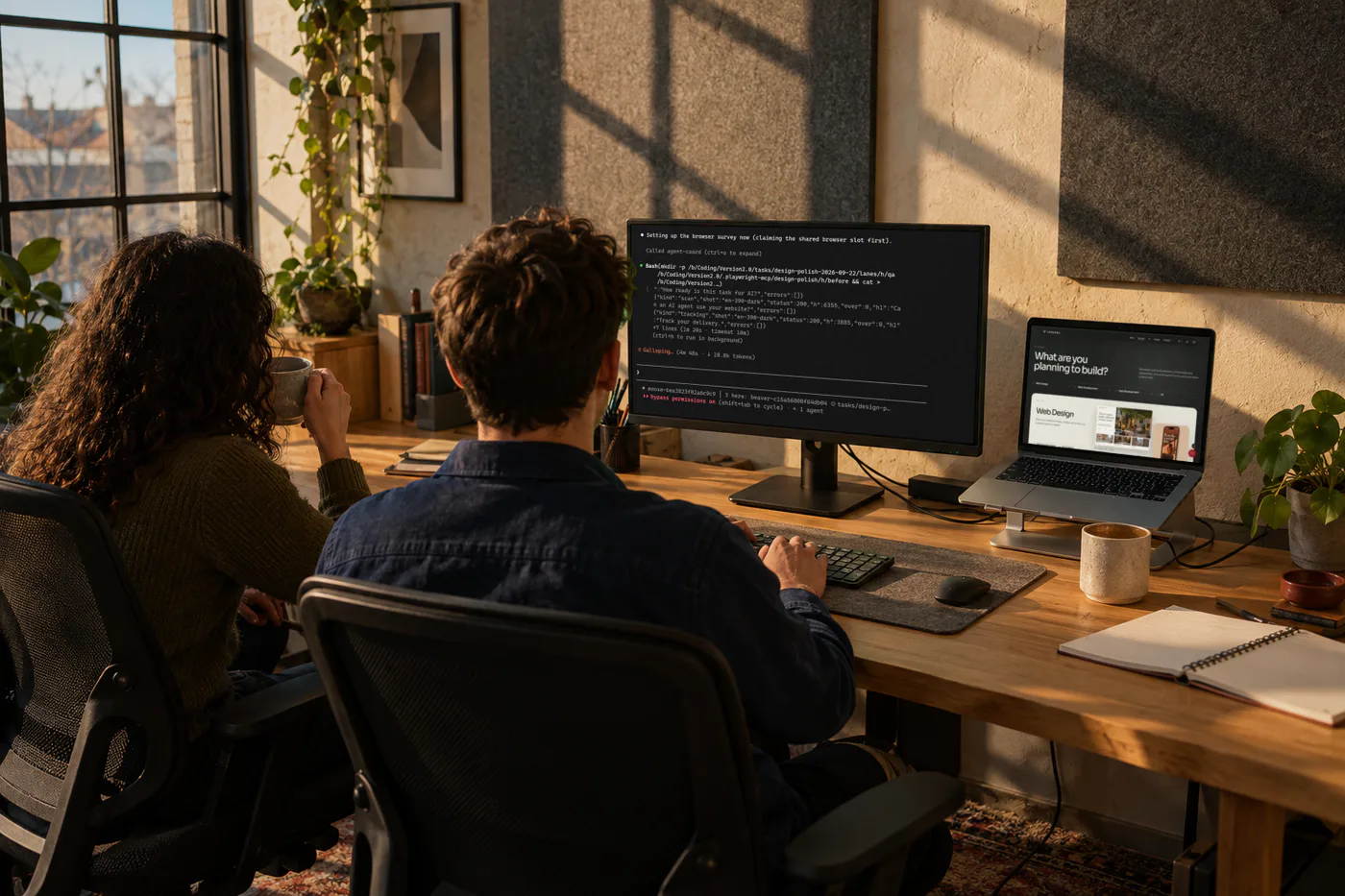 Two colleagues at one desk in the late afternoon sun, one typing at a monitor with a terminal open, the other watching with a coffee, and our services on the laptop beside them.