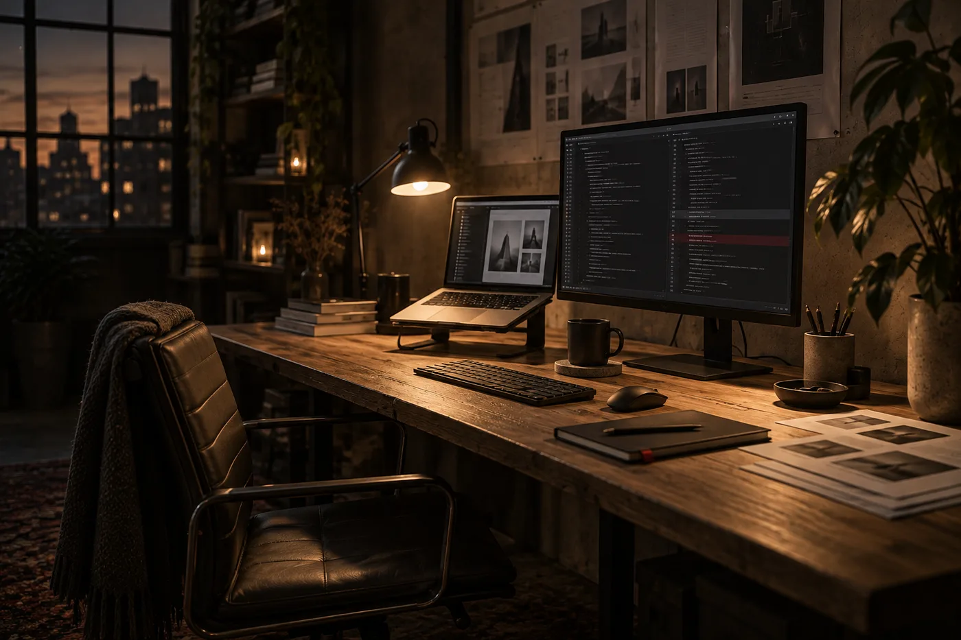 A workstation in the studio at dusk, the chair empty and the desk lamp on, a monitor showing a code editor with an open diff.