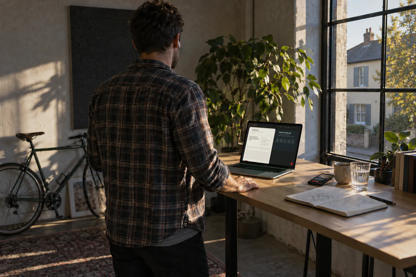Ein Kollege telefoniert früh am Morgen an einem Stehtisch am Fenster, auf dem Laptop die Termine für das kostenlose 10-Minuten-Gespräch.