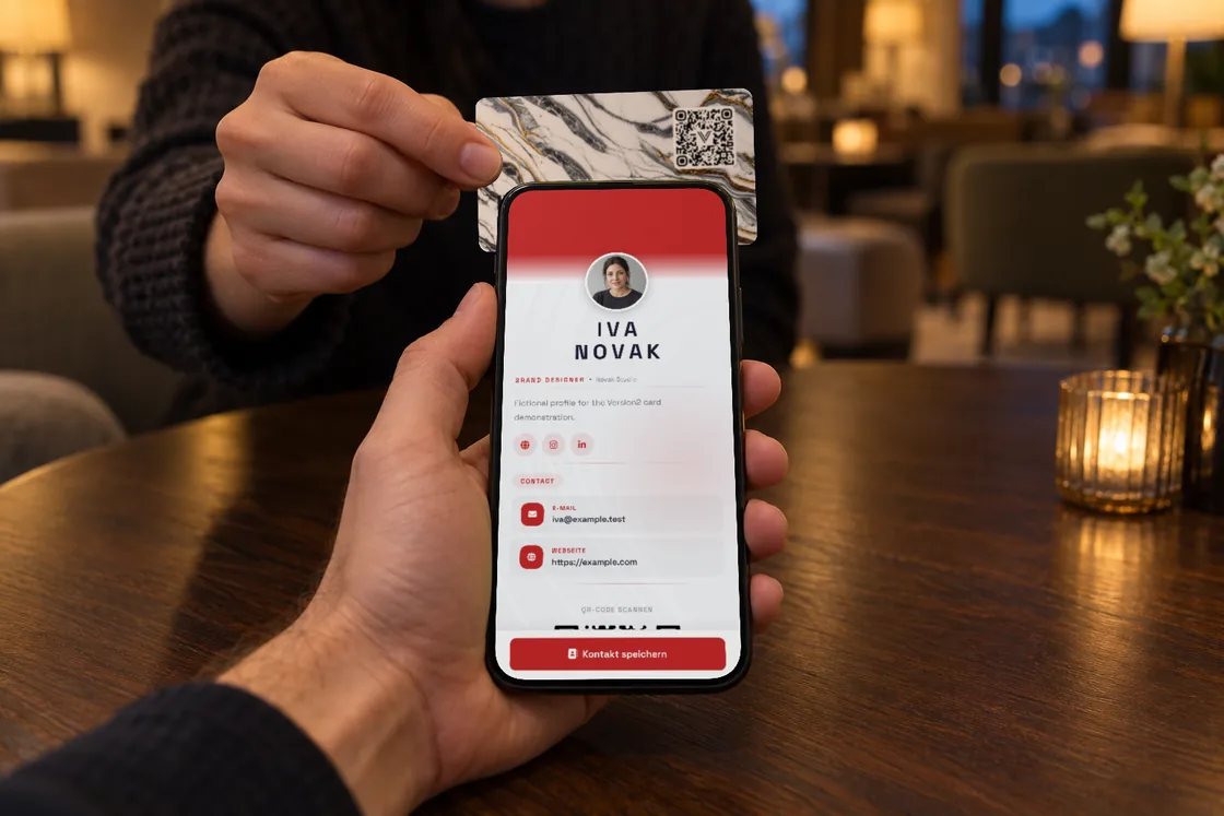 Eine Karte im Design Goldmarmor, über den Tisch an die Rückseite eines Smartphones gehalten, auf dem Bildschirm schon das Profil, das sie öffnet.