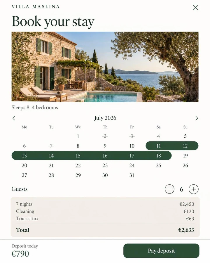 A villa booking page with the stay dates, guests and the deposit to pay