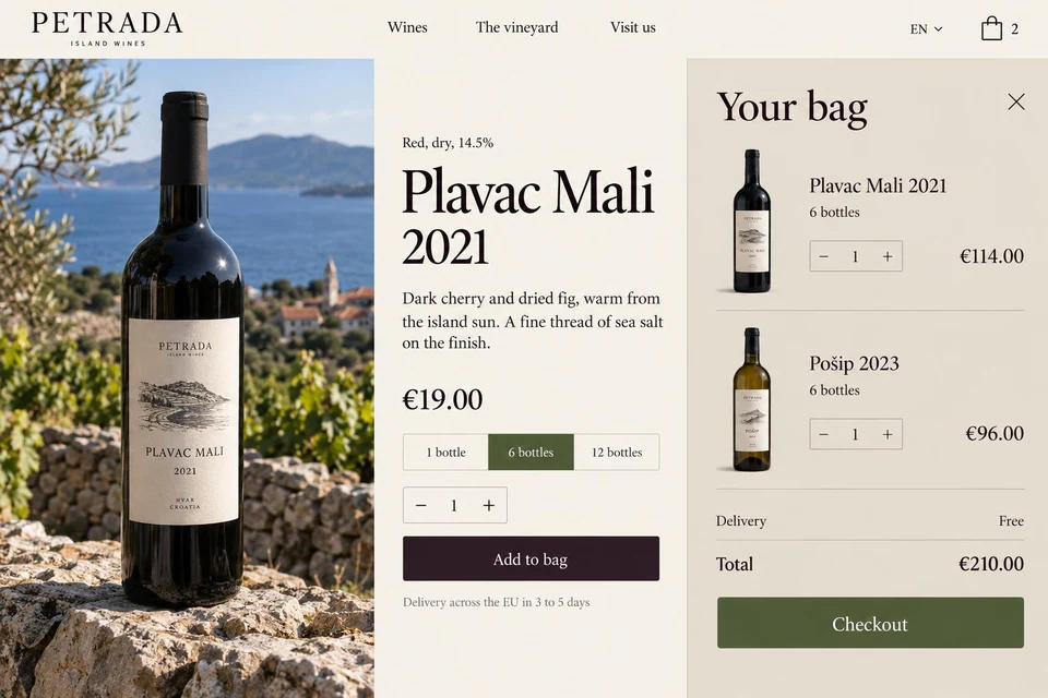 A wine shop page with a bottle of Plavac Mali and the bag open at checkout