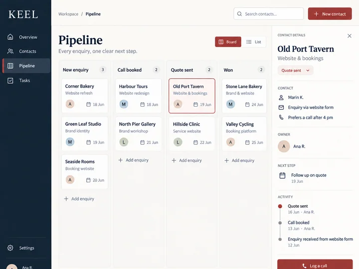 A CRM pipeline board with an open contact record
