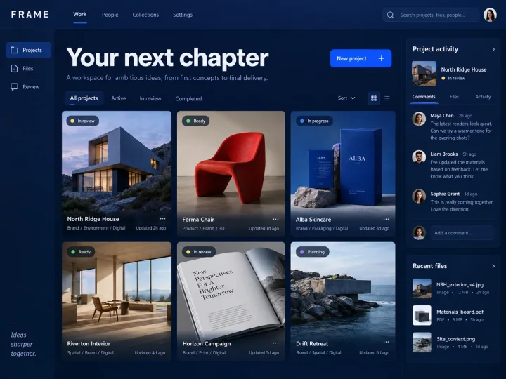 A client portal showing projects, comments and files