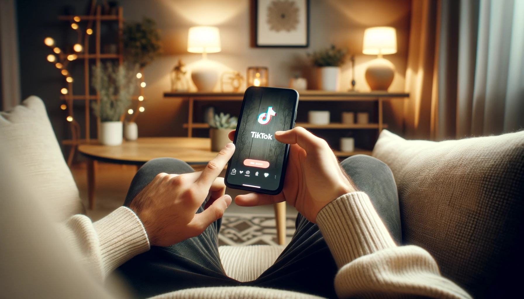 A person using TikTok on a smartphone. The scene is in a cozy living room with soft lighting. The person is sitting on a comfortable sofa, holding the