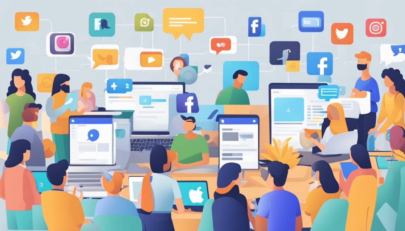 A group of people interacting with various social media platforms, such as Facebook, Instagram, and Twitter. They are engaged in creating and sharing content, responding to comments, and analyzing data to optimize their marketing strategies