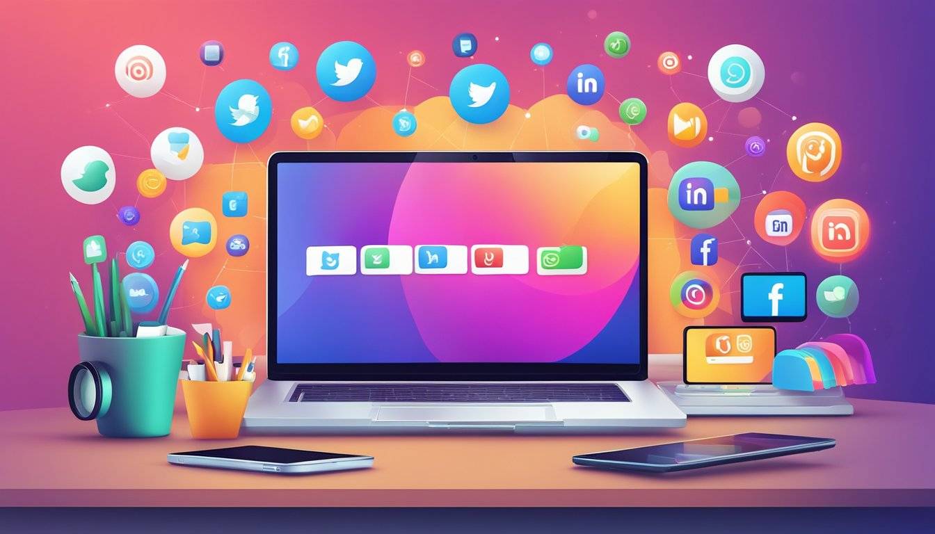 A laptop with social media icons, a smartphone, and marketing tools on a desk. Bright colors and engaging content on the screens