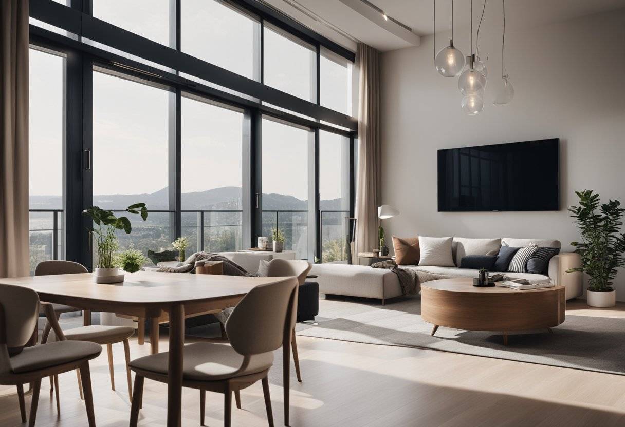 Ein helles, geräumiges Apartment mit modernen Möbeln und großen Fenstern mit malerischer Aussicht