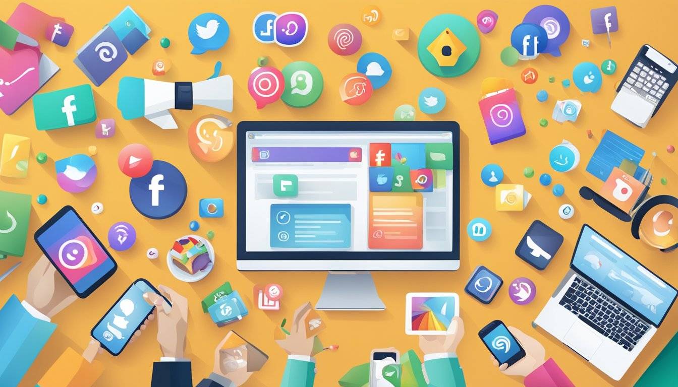 A colorful and engaging social media ad campaign with various platforms and strategies being utilized to reach a wide audience