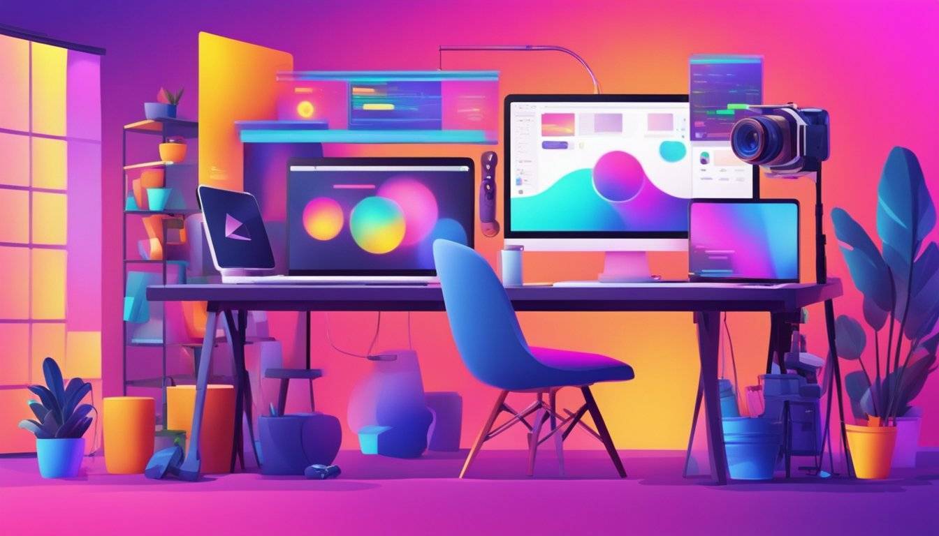 A bright, eye-catching TikTok video editing setup with a computer, camera, and colorful props. Bright lights and vibrant colors enhance visibility