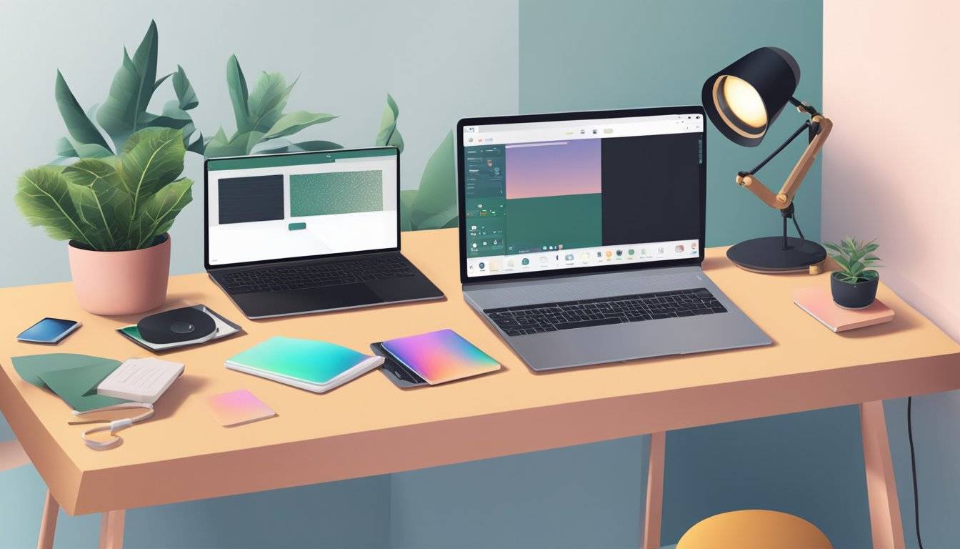 Ein Computertisch mit Laptop, Kamera und Beleuchtungseinrichtung zum Erstellen von TikTok-Videos. Dekorationsartikel und Pflanzen sorgen für eine persönliche Note