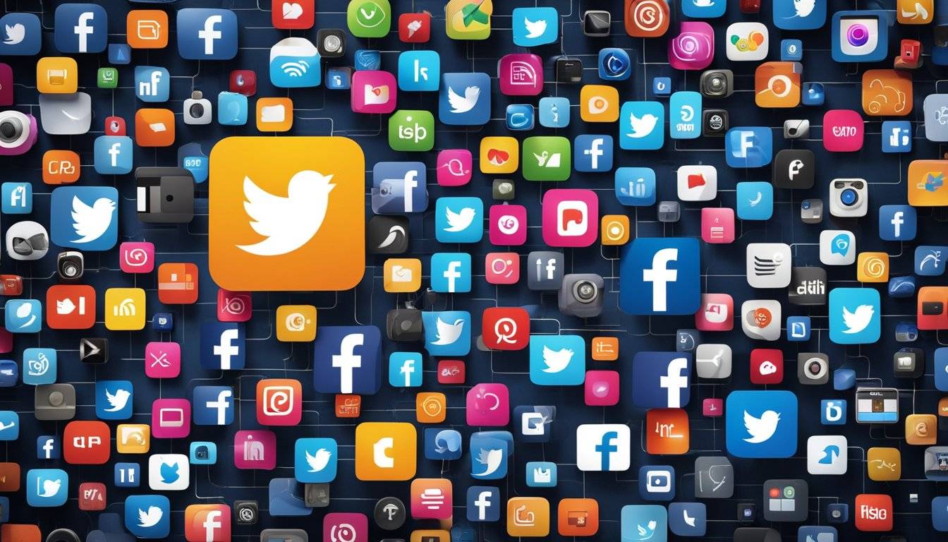 Verschiedene elektronische Geräte (Computer, Smartphones) sind mit einem Netzwerk verbunden und zeigen Logos beliebter Social-Media-Plattformen (Facebook, Twitter, Instagram).