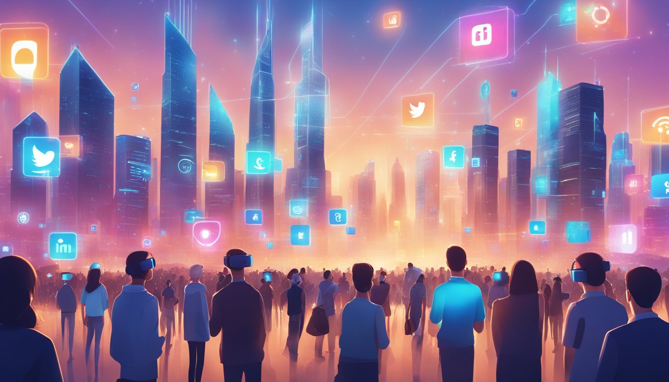 A futuristic city skyline with holographic social media icons floating above buildings. A crowd of people wearing virtual reality headsets interacts with the digital displays