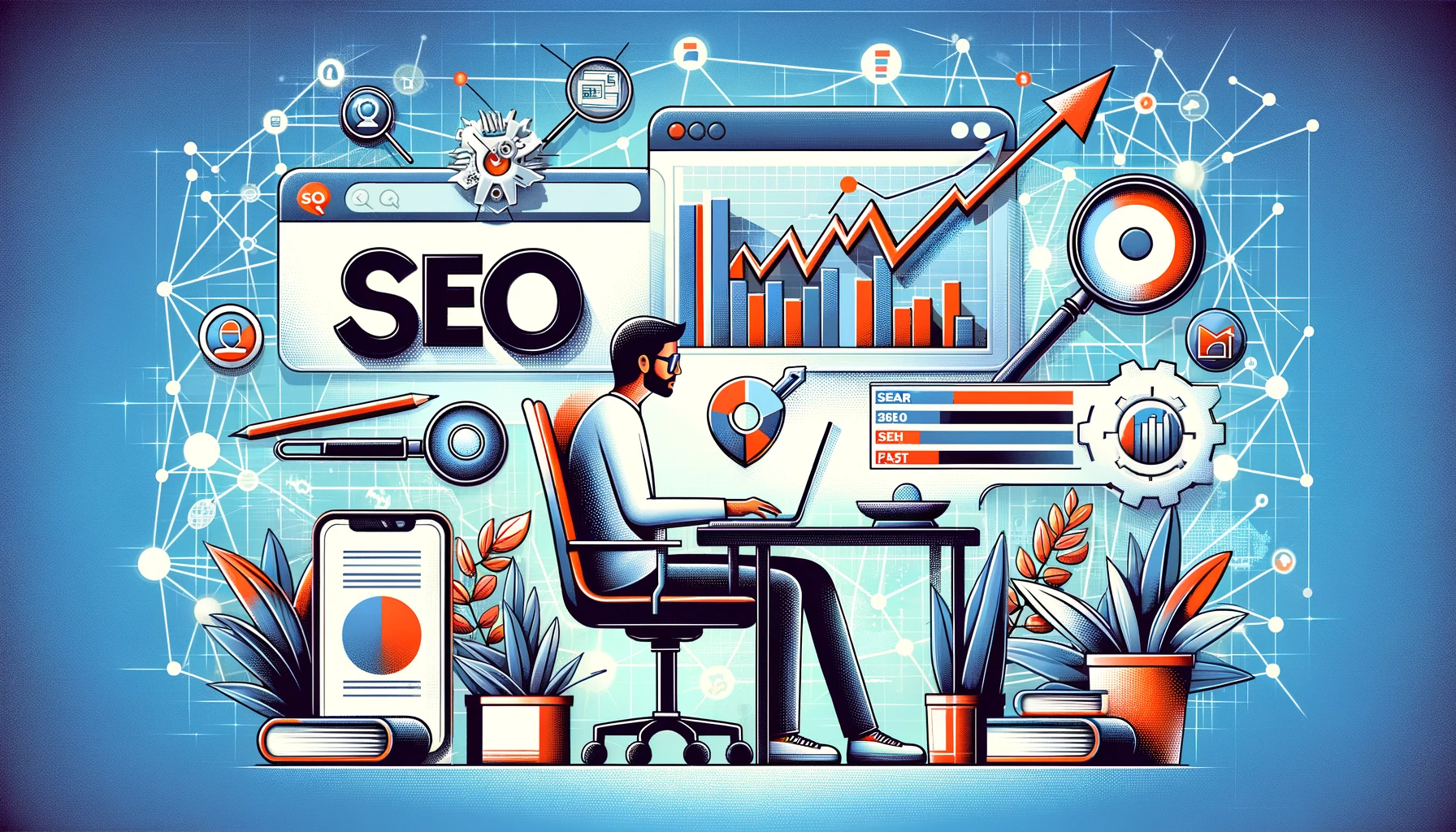 An illustration of key SEO trends in 2024. The image should show a content creator at a desk with a laptop, surrounded by icons representing SEO elements