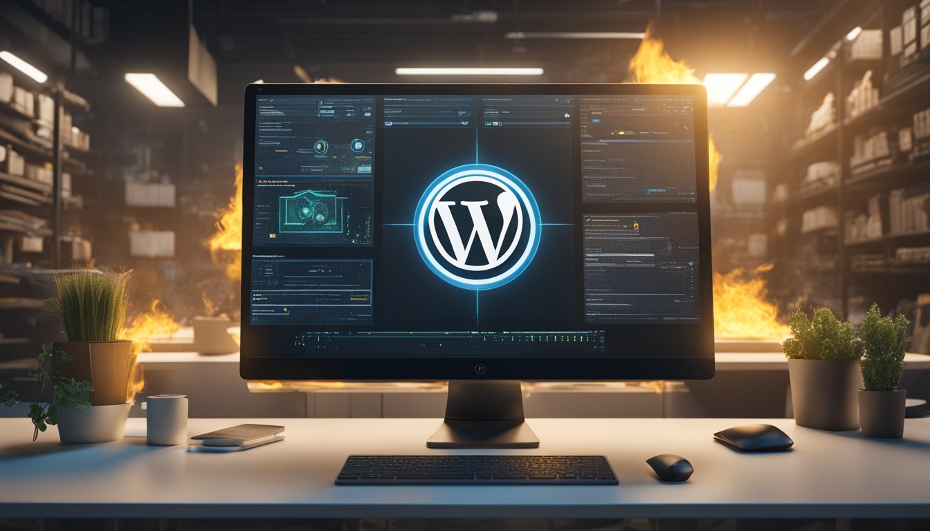 A computer screen displaying a WordPress website with a shield and lock icon overlay, surrounded by a firewall and antivirus symbols