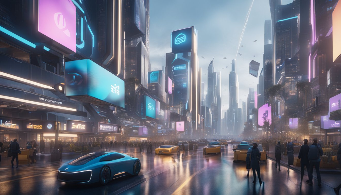 A futuristic cityscape with holographic billboards displaying trending hashtags and social media icons floating above bustling streets