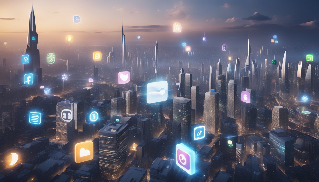 A futuristic city skyline with holographic social media icons floating in the air, showcasing the latest trends for 2024
