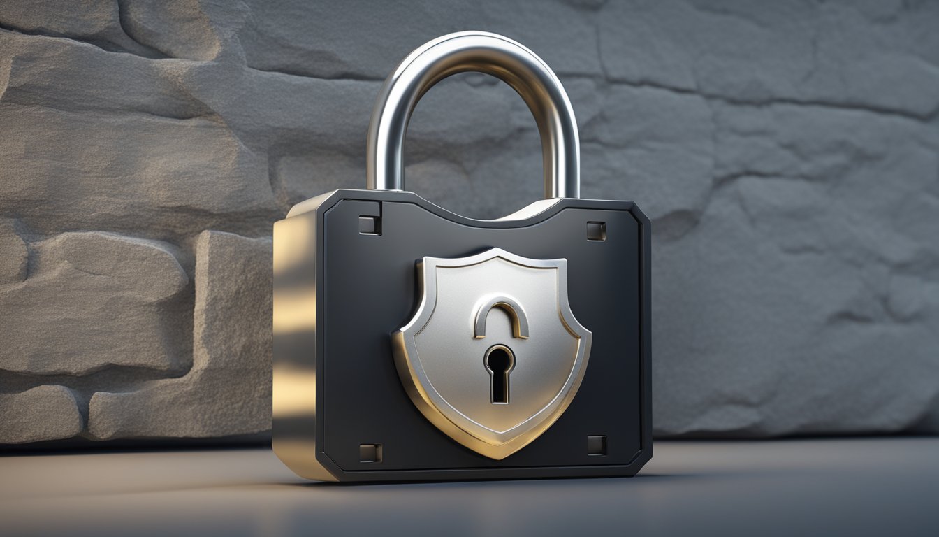 A padlock symbolizing security surrounds a WordPress website, while a shield fends off hackers and malware