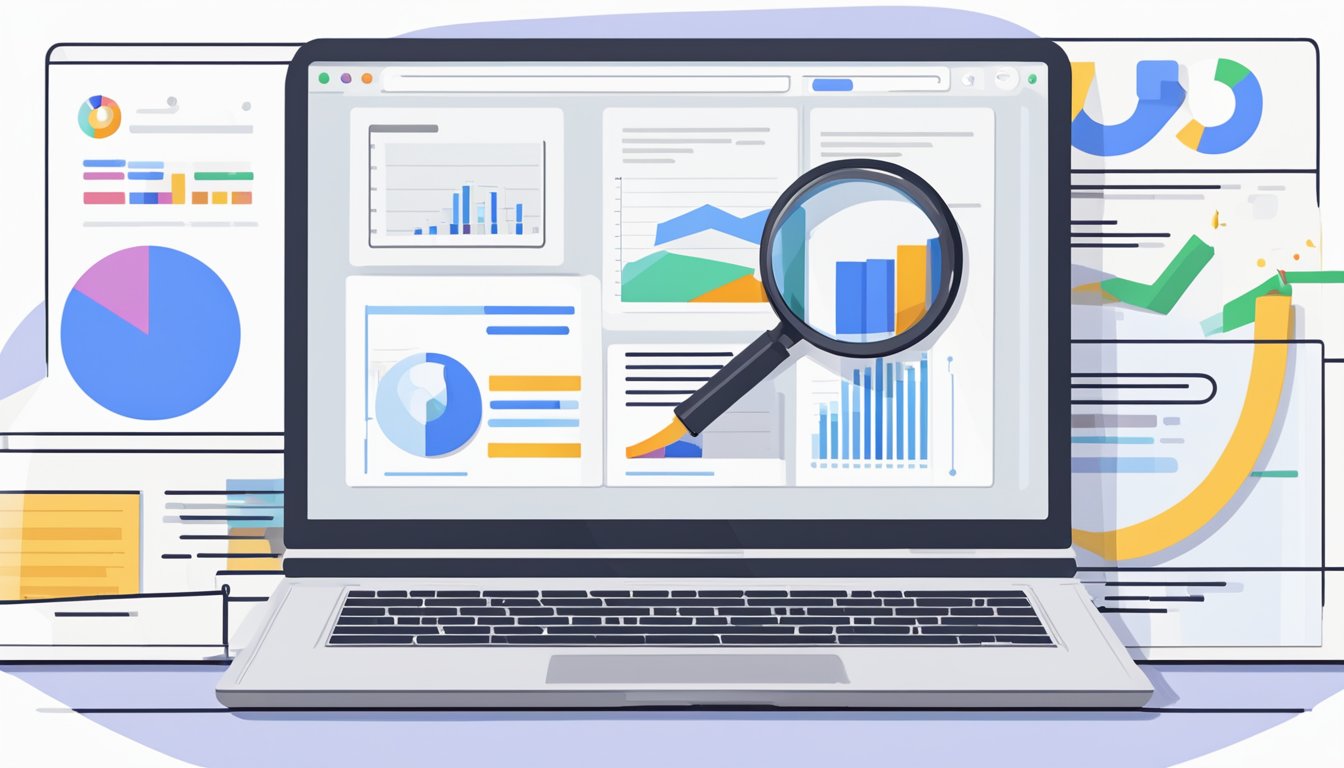 A laptop displaying Google search results with five bullet points next to it. A magnifying glass hovers over the screen, and a graph shows upward progress