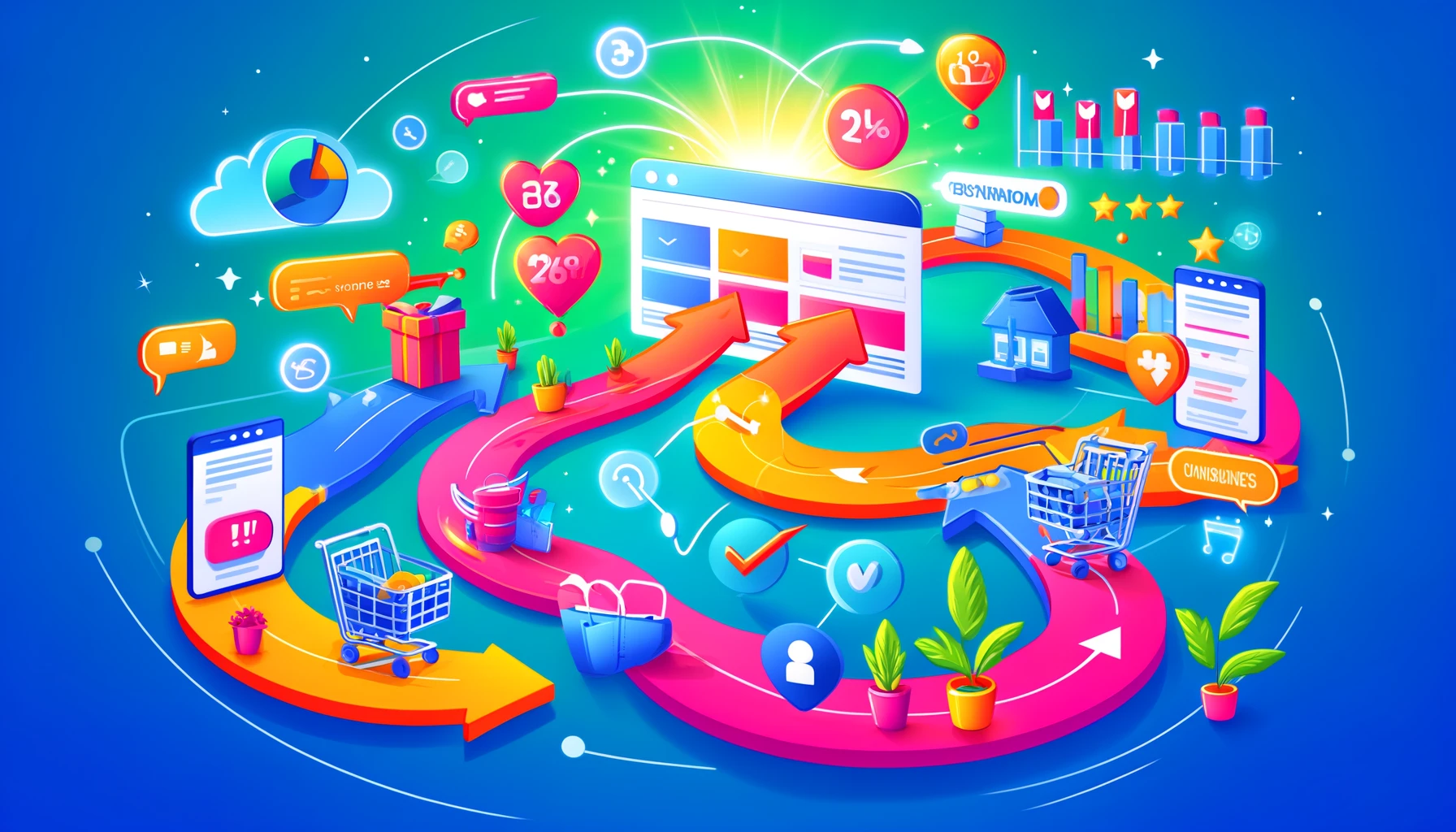 A vibrant and dynamic illustration showing the process of turning website visitors into sales. The scene includes a website interface